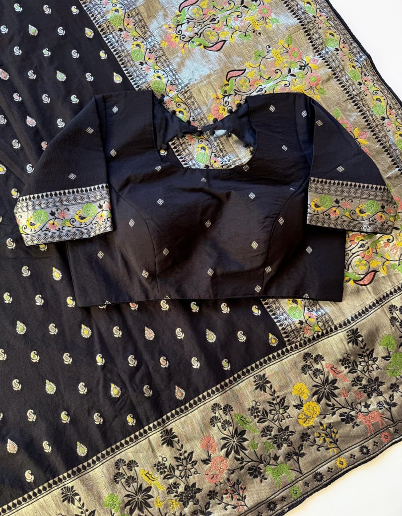 Black color Meenakari work Paithani Saree with Unstitched Blouse