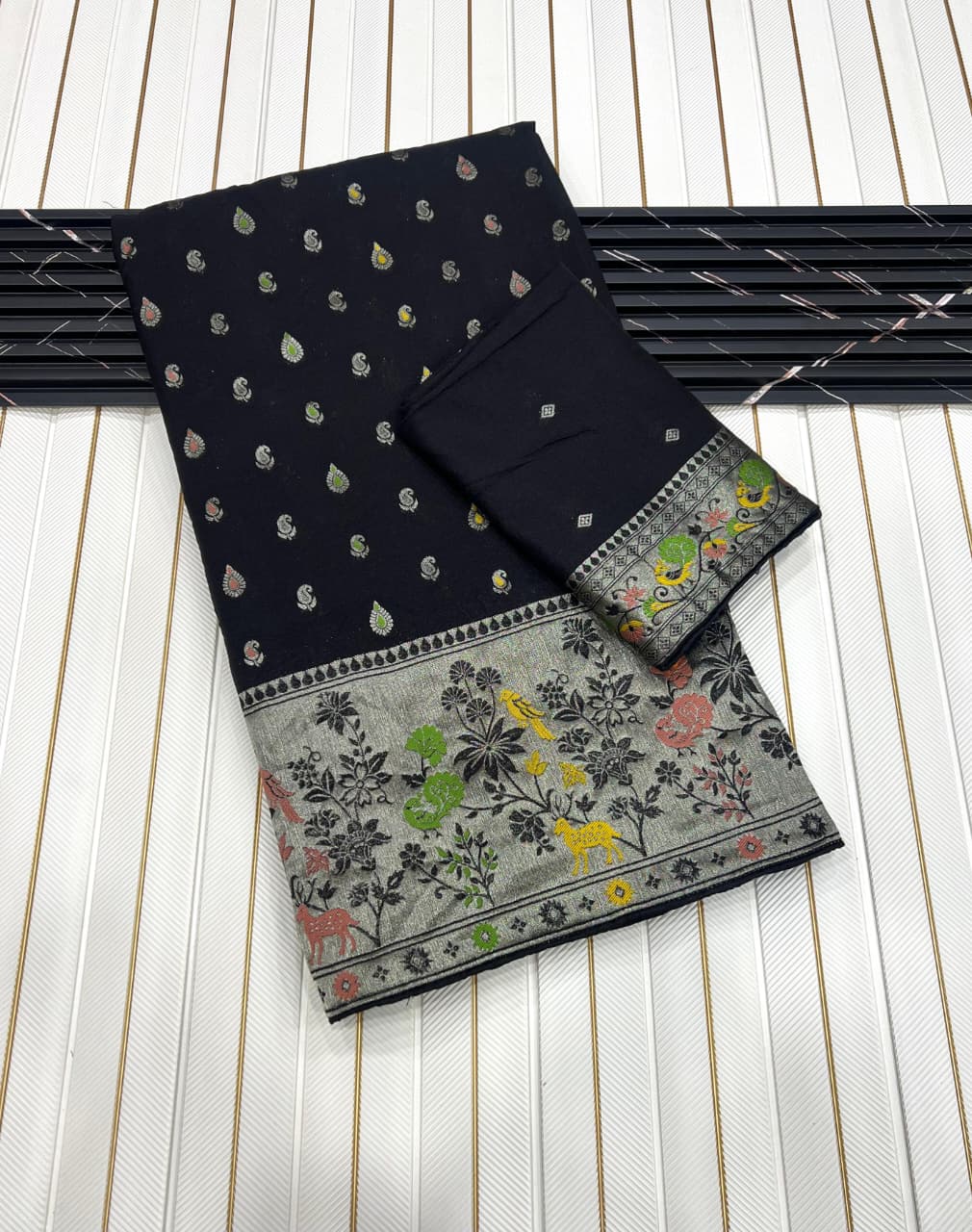 Black color Meenakari work Paithani Saree with Unstitched Blouse