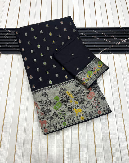 Black color Meenakari work Paithani Saree with Unstitched Blouse