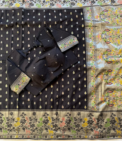 Black color Meenakari work Paithani Saree with Unstitched Blouse