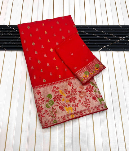 Red color Meenakari work Paithani Saree with Unstitched Blouse
