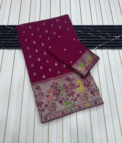 Maroon color Meenakari work Paithani Saree with Unstitched Blouse