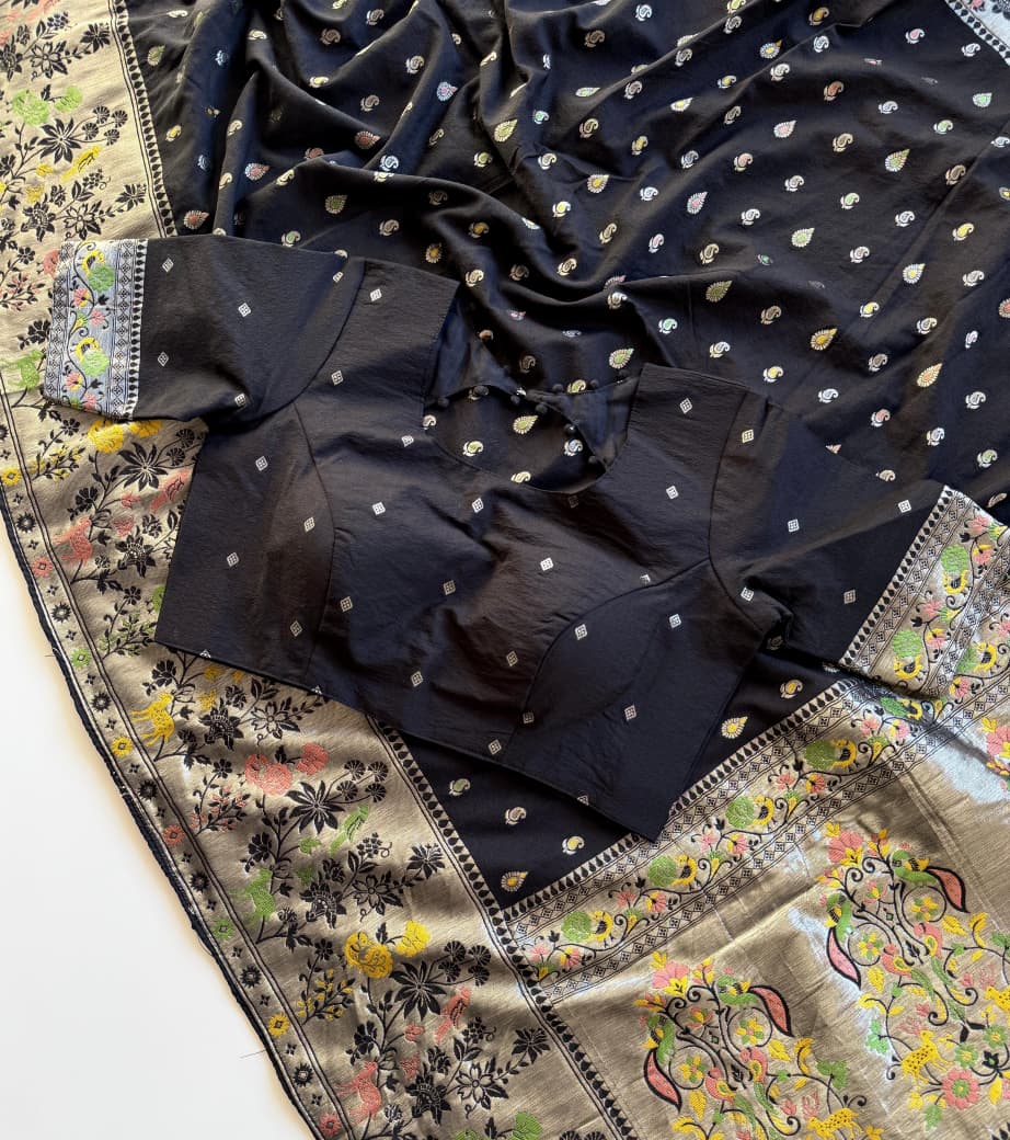 Black color Meenakari work Paithani Saree with Unstitched Blouse