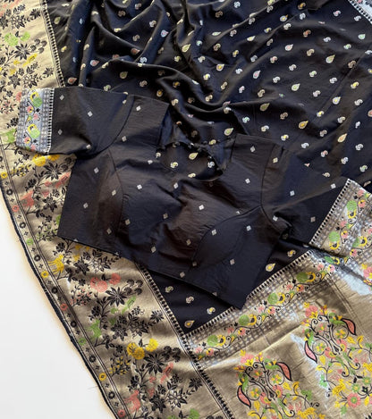Black color Meenakari work Paithani Saree with Unstitched Blouse