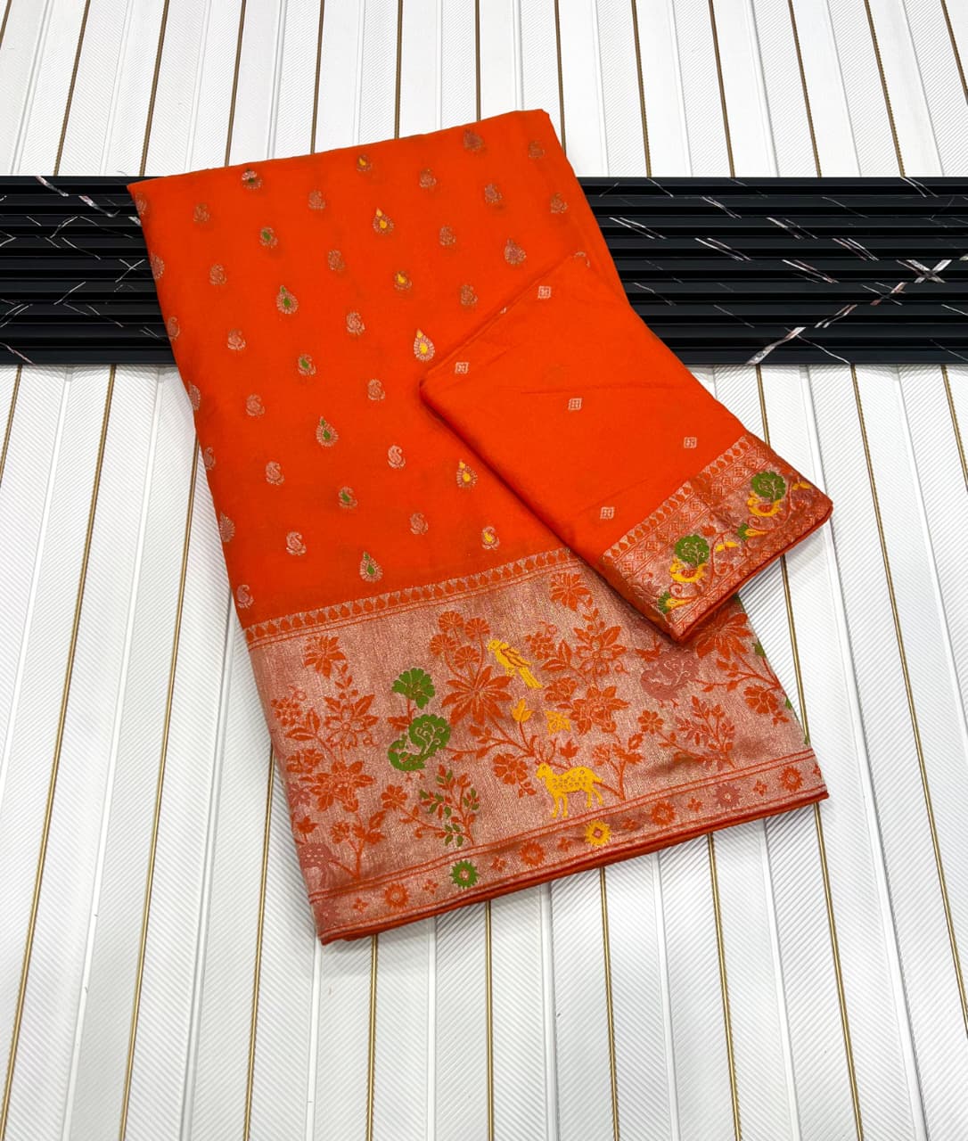 Orange color Meenakari work Paithani Saree with Unstitched Blouse
