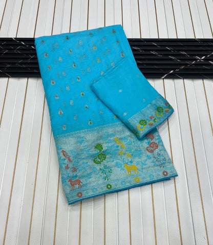 Firozi color Meenakari work Paithani Saree with Unstitched Blouse