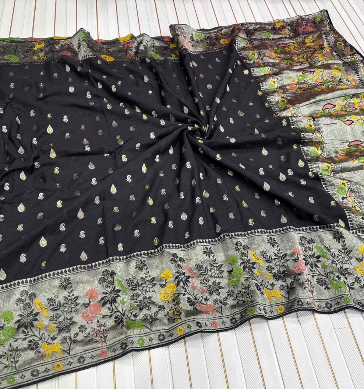 Black color Meenakari work Paithani Saree with Unstitched Blouse