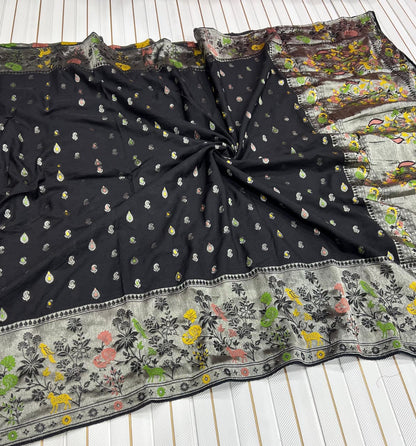 Black color Meenakari work Paithani Saree with Unstitched Blouse