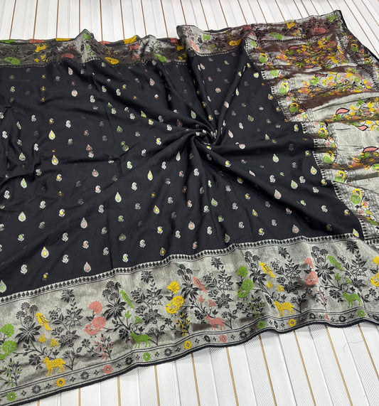 Black color Meenakari work Paithani Saree with Unstitched Blouse