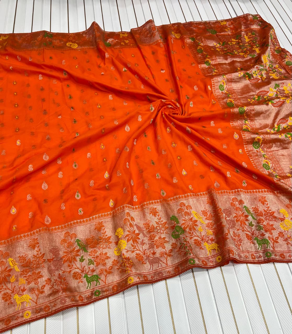 Orange color Meenakari work Paithani Saree with Unstitched Blouse