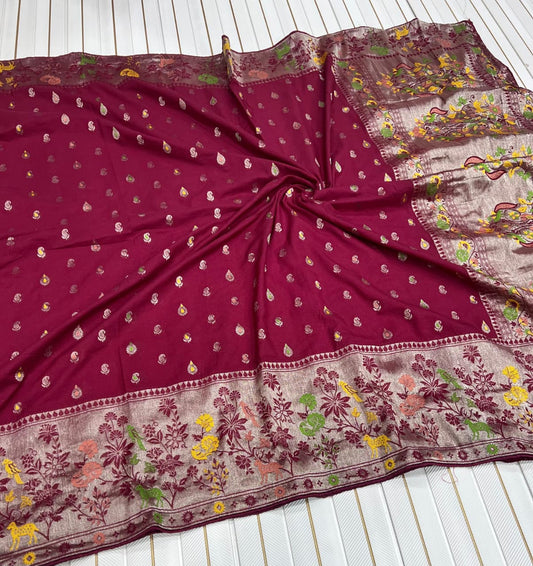 Maroon color Meenakari work Paithani Saree with Unstitched Blouse