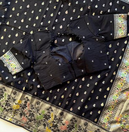 Black color Meenakari work Paithani Saree with Unstitched Blouse