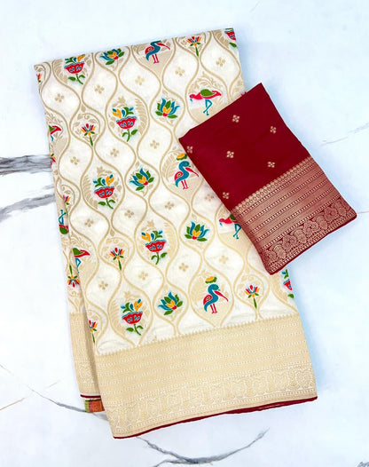 White color Banarasi Silk Zari work Rich Pallu Saree and Unstitched Blouse