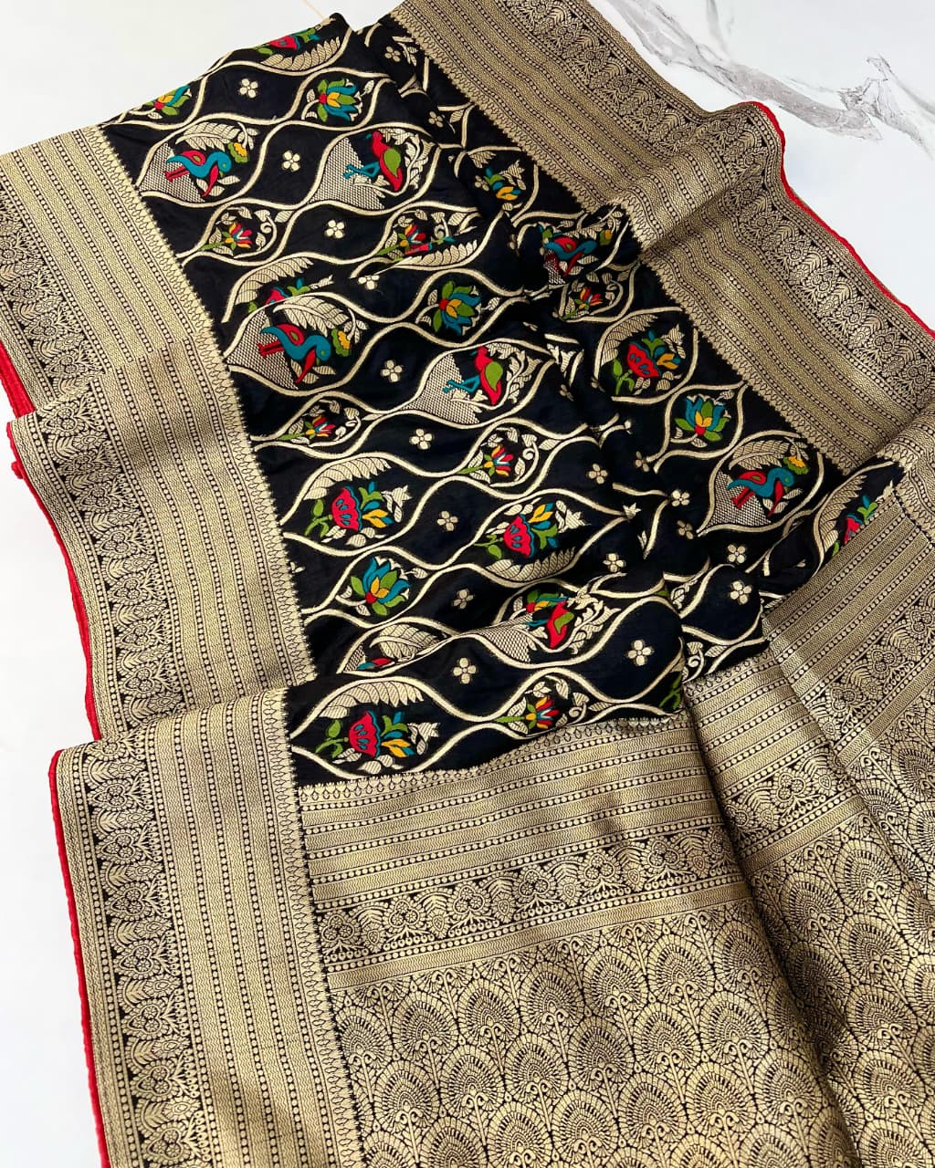 Black color Banarasi Silk Zari work Rich Pallu Saree and Unstitched Blouse