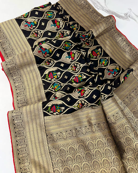 Black color Banarasi Silk Zari work Rich Pallu Saree and Unstitched Blouse