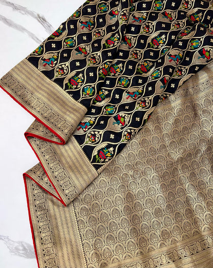 Black color Banarasi Silk Zari work Rich Pallu Saree and Unstitched Blouse