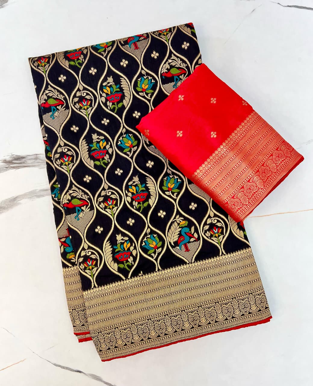 Black color Banarasi Silk Zari work Rich Pallu Saree and Unstitched Blouse