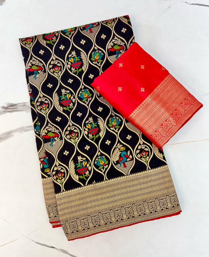 Black color Banarasi Silk Zari work Rich Pallu Saree and Unstitched Blouse