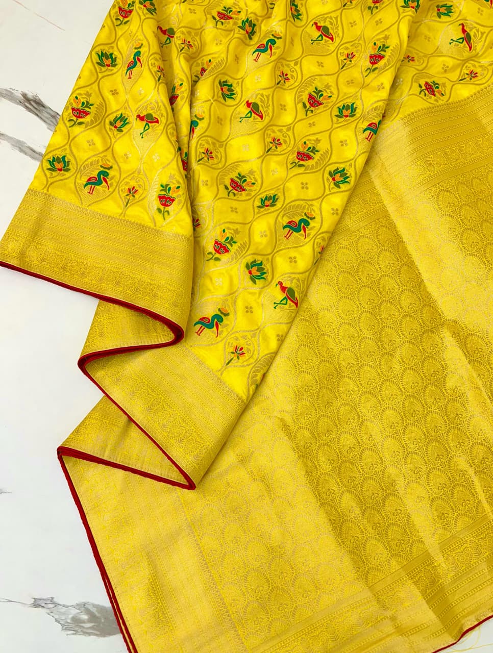 Yellow color Banarasi Silk Zari work Rich Pallu Saree and Unstitched Blouse