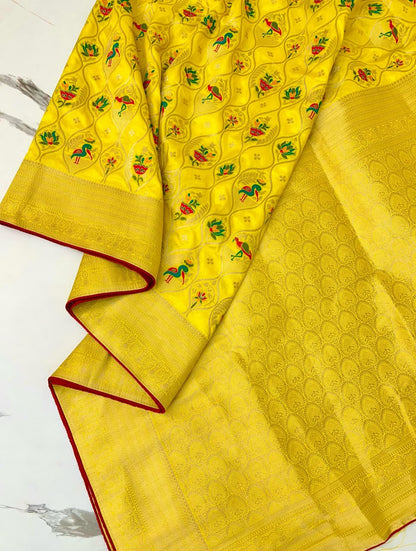 Yellow color Banarasi Silk Zari work Rich Pallu Saree and Unstitched Blouse