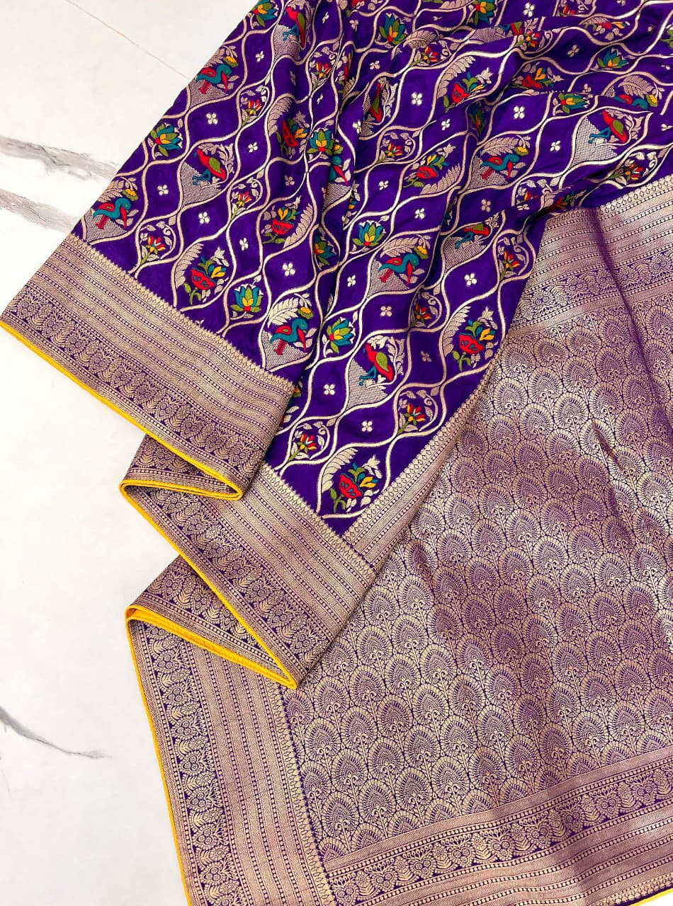 Purple color Banarasi Silk Zari work Rich Pallu Saree and Unstitched Blouse