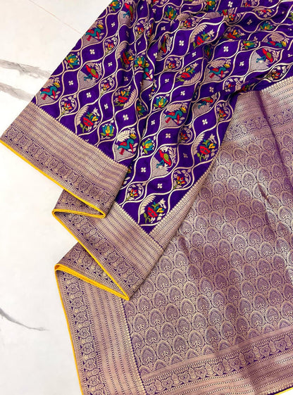 Purple color Banarasi Silk Zari work Rich Pallu Saree and Unstitched Blouse