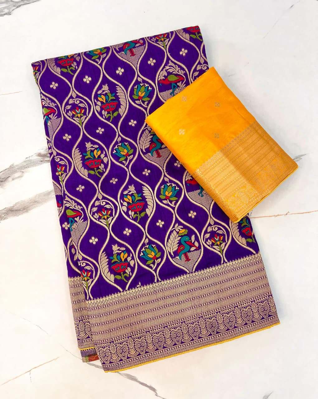 Purple color Banarasi Silk Zari work Rich Pallu Saree and Unstitched Blouse