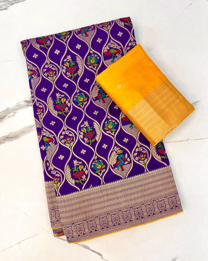 Purple color Banarasi Silk Zari work Rich Pallu Saree and Unstitched Blouse
