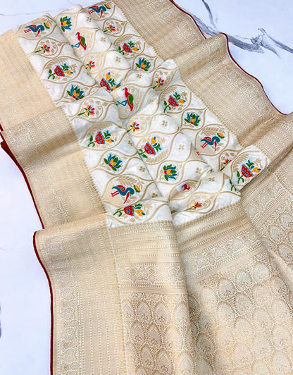 White color Banarasi Silk Zari work Rich Pallu Saree and Unstitched Blouse