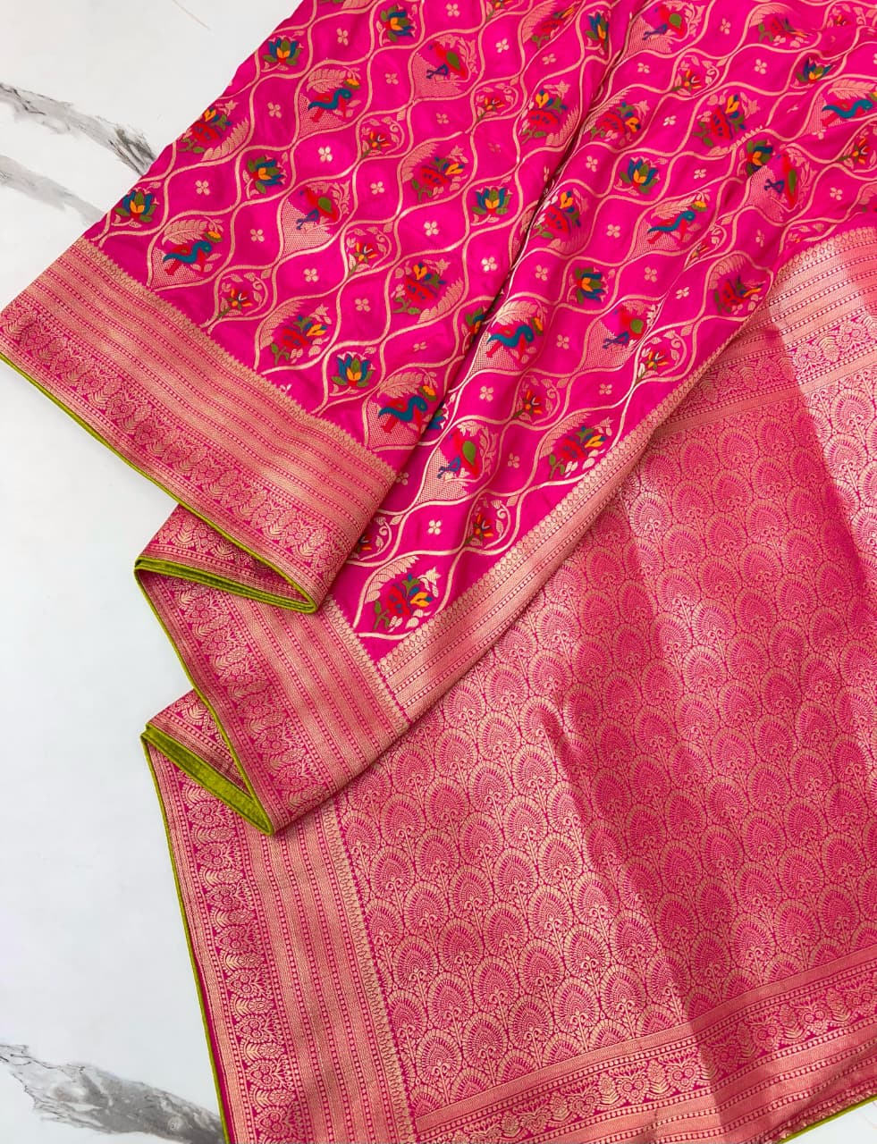 Pink color Banarasi Silk Zari work Rich Pallu Saree and Unstitched Blouse