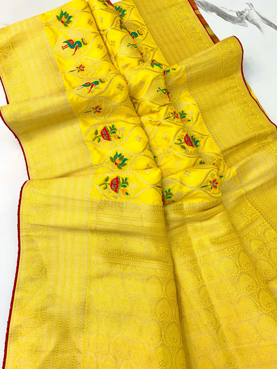 Yellow color Banarasi Silk Zari work Rich Pallu Saree and Unstitched Blouse