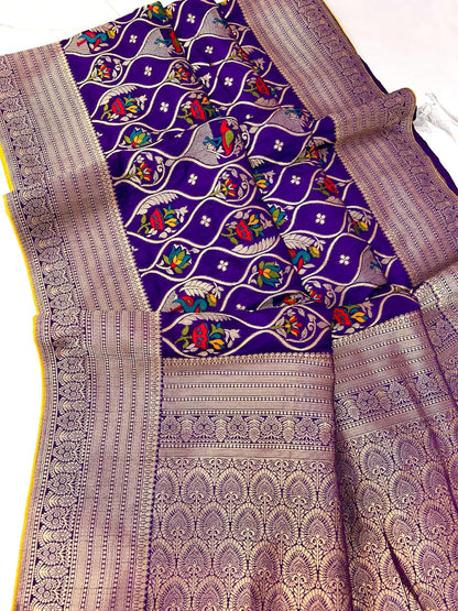 Purple color Banarasi Silk Zari work Rich Pallu Saree and Unstitched Blouse