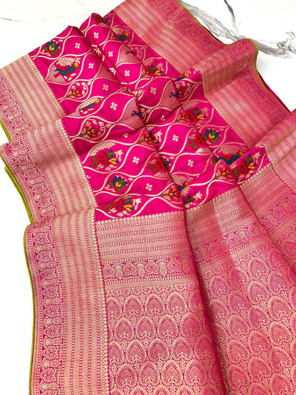 Pink color Banarasi Silk Zari work Rich Pallu Saree and Unstitched Blouse
