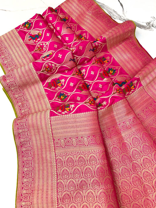 Pink color Banarasi Silk Zari work Rich Pallu Saree and Unstitched Blouse