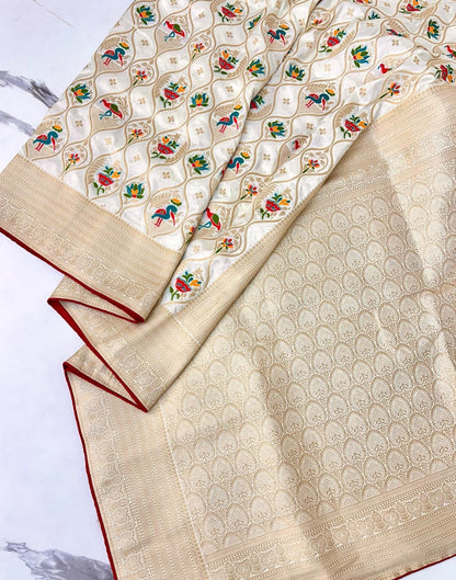 White color Banarasi Silk Zari work Rich Pallu Saree and Unstitched Blouse