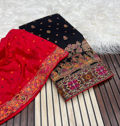 Black color Pashmina Silk Saree with Unstitched Blouse