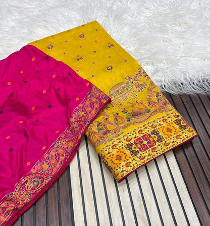 Yellow color Pashmina Silk Saree with Unstitched Blouse
