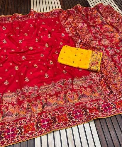Red color Pashmina Silk Saree with Unstitched Blouse