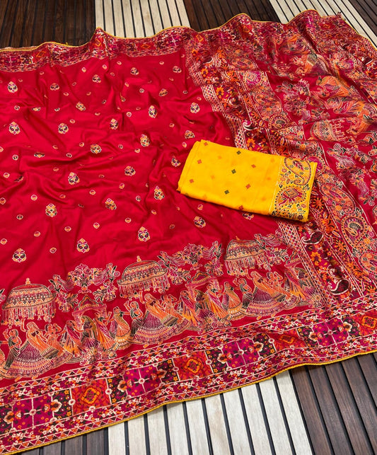 Red color Pashmina Silk Saree with Unstitched Blouse