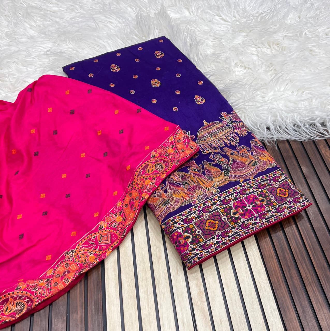 Purple color Pashmina Silk Saree with Unstitched Blouse