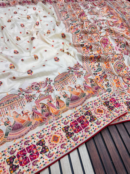 White color Pashmina Silk Saree with Unstitched Blouse