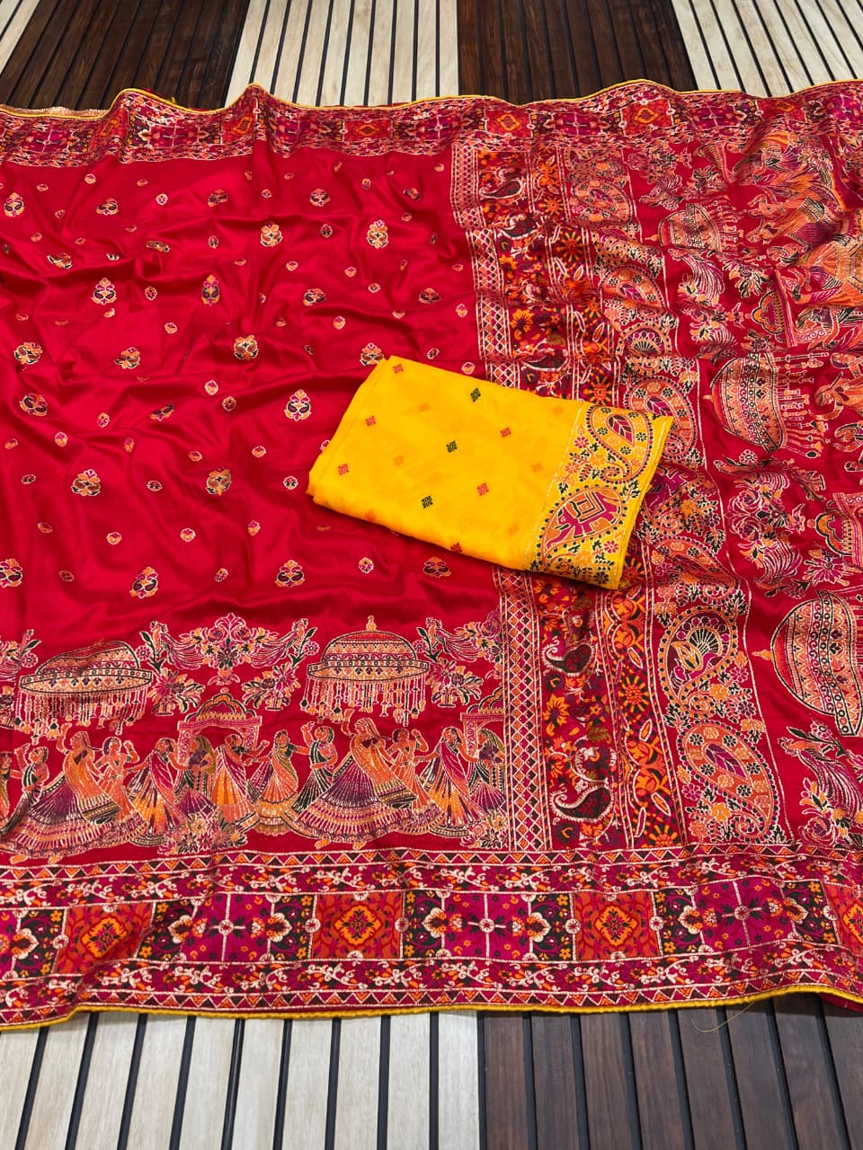 Red color Pashmina Silk Saree with Unstitched Blouse