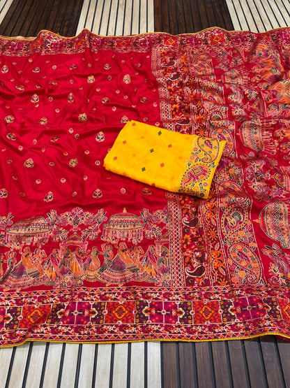 Red color Pashmina Silk Saree with Unstitched Blouse