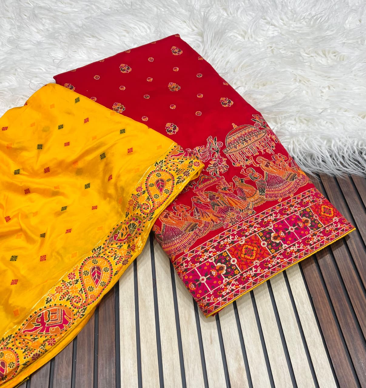 Red color Pashmina Silk Saree with Unstitched Blouse