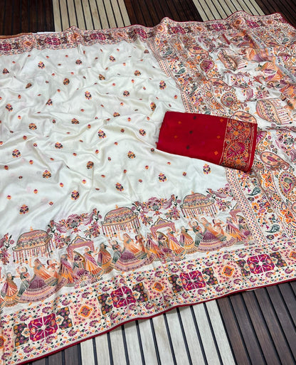 White color Pashmina Silk Saree with Unstitched Blouse