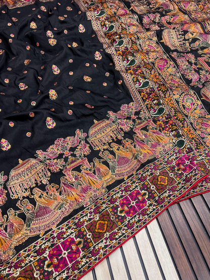 Black color Pashmina Silk Saree with Unstitched Blouse