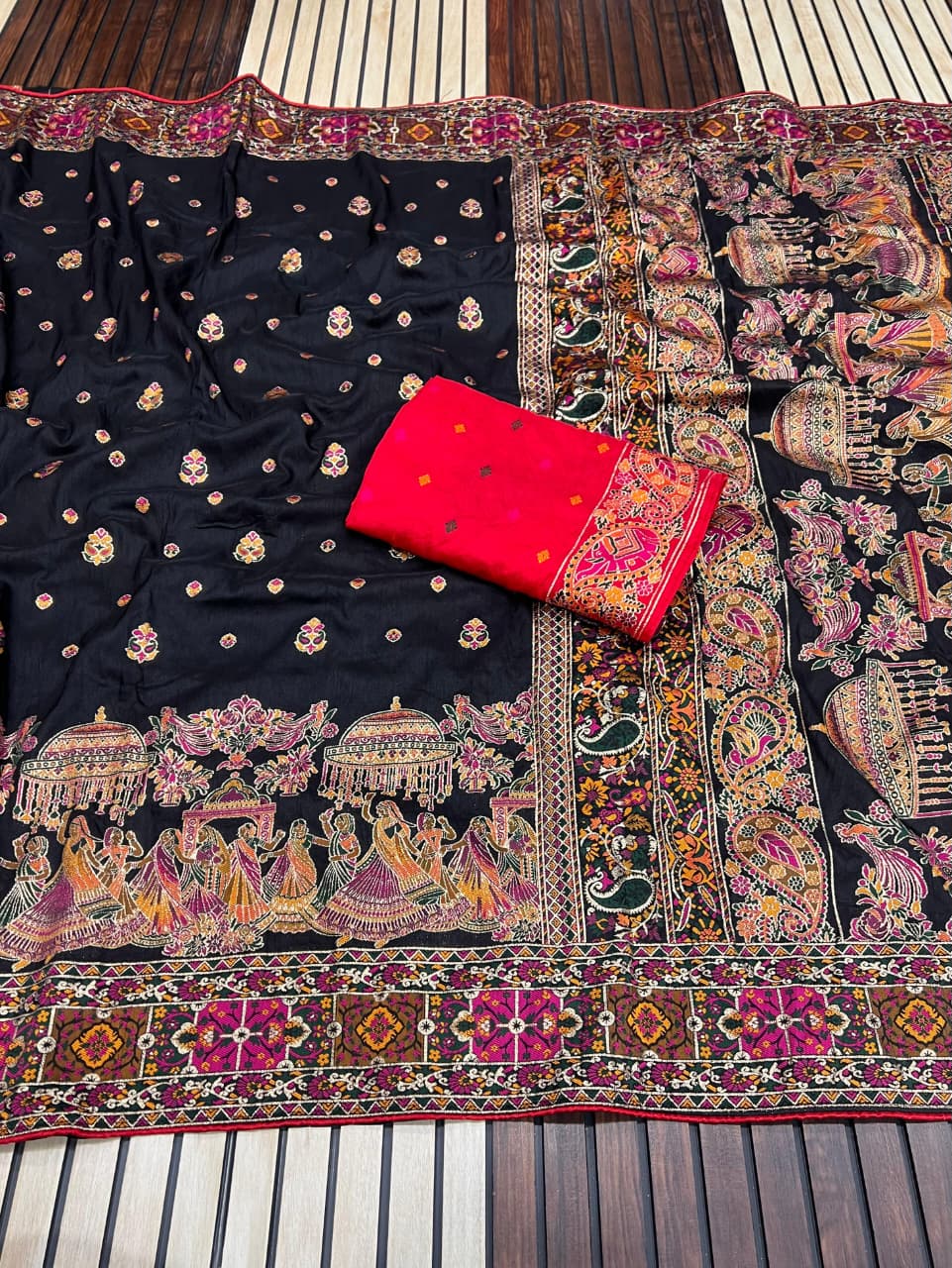 Black color Pashmina Silk Saree with Unstitched Blouse