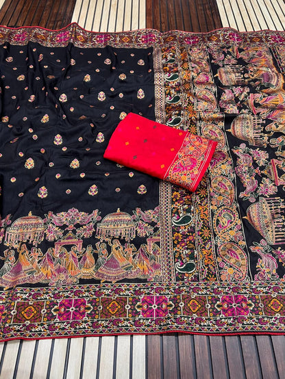Black color Pashmina Silk Saree with Unstitched Blouse