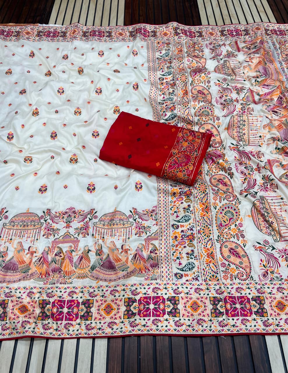 White color Pashmina Silk Saree with Unstitched Blouse