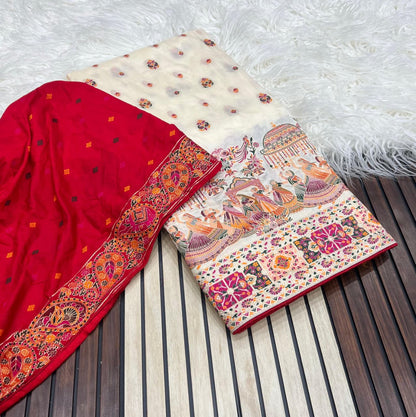 White color Pashmina Silk Saree with Unstitched Blouse